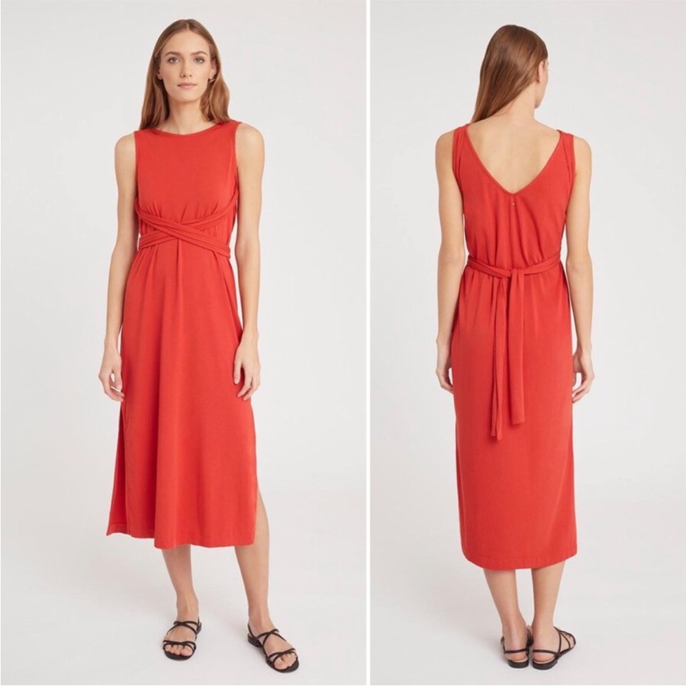 Cuyana Sleeveless Pima Cotton Wrap Casual Boho Midi Dress Blood Orange XS
